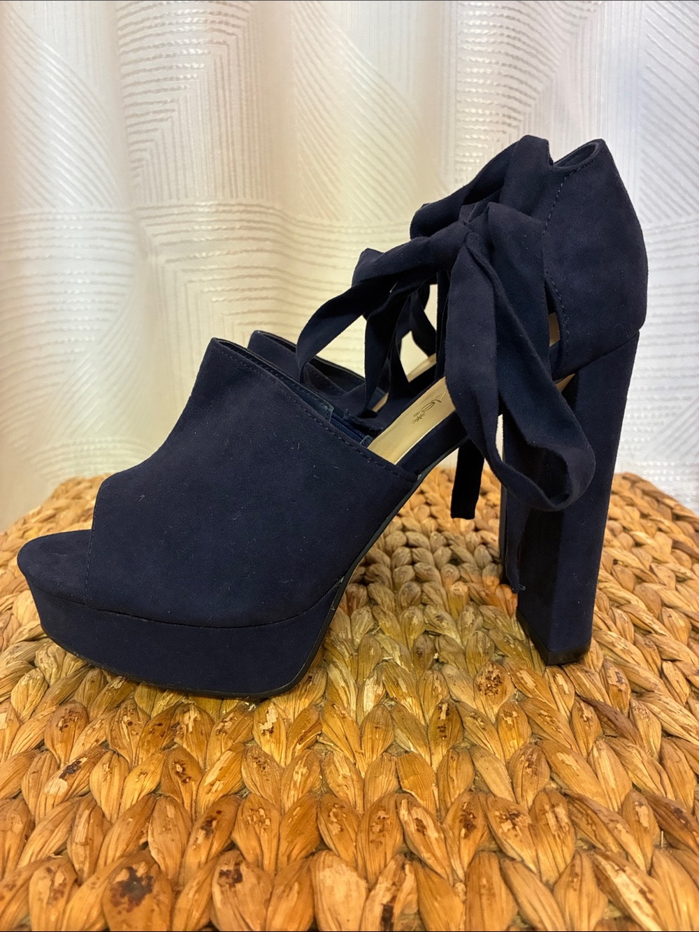Shoe Dazzle Navy Suede Peep Toe Platform Heels with Wrap Ties